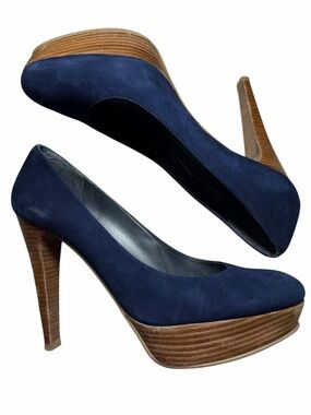 Stuart Weitzman Stilts Platform Pump Womens Sz 9 M Navy Blue Suede Stacked Heel